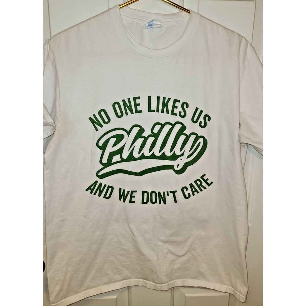 Philly No One Likes Us-We Dont Care Shadow Green Text Ladies' Crewneck T-Shirt L